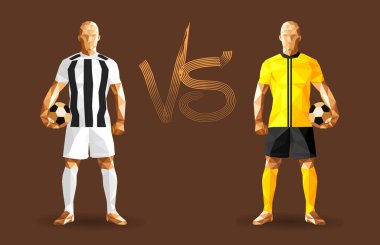 İki karşıt takım, temsil eden vintage futbol topları, holding beyaz ve sarı futbolcular ayakta izole arkalarındaki düz bir arka plan ile ve bir arada onları işaret karşı illüstrasyon vektör 