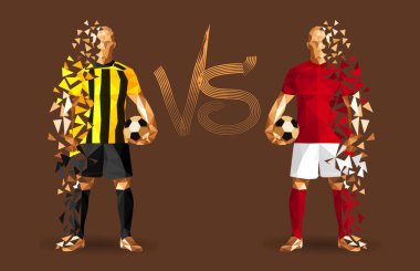 Ayakta tutan vintage futbol topları, sarı ve kırmızı futbol oyuncuları temsil eden iki karşıt takım, izole arkalarındaki düz bir arka plan ile ve bir arada onları işaret karşı illüstrasyon vektör 