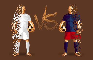 İki karşıt takım, temsil eden vintage futbol topları, holding beyaz ve mavili futbolcular ayakta izole arkalarındaki düz bir arka plan ile ve bir arada onları işaret karşı illüstrasyon vektör 