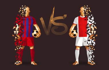Ayakta tutan vintage futbol topları, kırmızı ve beyaz futbol oyuncuları temsil eden iki karşıt takım, izole arkalarındaki düz bir arka plan ile ve bir arada onları işaret karşı illüstrasyon vektör 