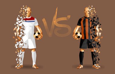 Ayakta tutan vintage futbol topları, futbol oyuncuları temsil eden iki karşıt takım, izole arkalarındaki düz bir arka plan ile ve bir arada onları işaret karşı illüstrasyon vektör 