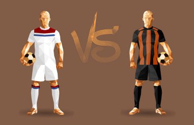 Ayakta tutan vintage futbol topları, futbol oyuncuları temsil eden iki karşıt takım, izole arkalarındaki düz bir arka plan ile ve bir arada onları işaret karşı illüstrasyon vektör 