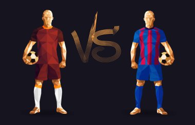 Ayakta tutan vintage futbol topları, kahverengi ve mavi futbol oyuncuları temsil eden iki karşıt takım, izole arkalarındaki düz bir arka plan ile ve bir arada onları işaret karşı illüstrasyon vektör 
