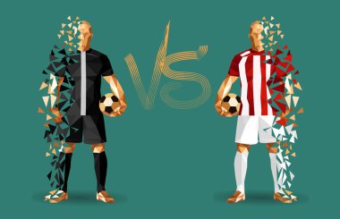 ayakta tutan vintage futbol topları, siyah ve kırmızı futbol oyuncuları temsil eden iki karşıt takım, izole arkalarındaki düz bir arka plan ile ve bir arada onları işaret karşı illüstrasyon vektör 
