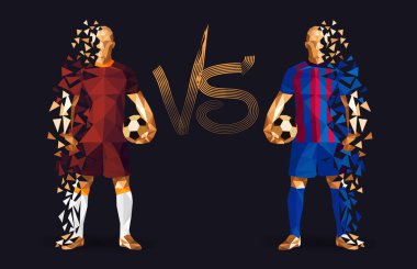 Ayakta tutan vintage futbol topları, kahverengi ve mavi futbol oyuncuları temsil eden iki karşıt takım, izole arkalarındaki düz bir arka plan ile ve bir arada onları işaret karşı illüstrasyon vektör 