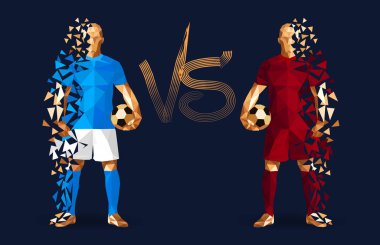 Işık tutan vintage futbol topları, mavi ve koyu kırmızı futbol oyuncuları düz bir arka plan ile izole duran iki karşıt takım temsil eden ve bir arada onları işaret karşı illüstrasyon vektör 