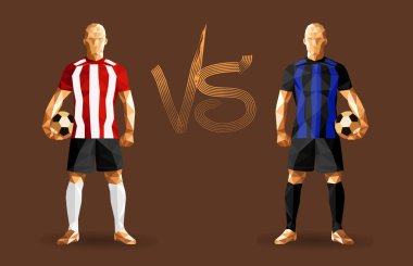 Kırmızı çizgili ve mavi çizgili vintage futbol topları, holding futbol oyuncuları düz bir arka plan ile izole duran iki karşıt takım temsil eden ve bir arada onları işaret karşı illüstrasyon vektör 