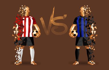 Kırmızı çizgili ve mavi çizgili vintage futbol topları, holding futbol oyuncuları düz bir arka plan ile izole duran iki karşıt takım temsil eden ve bir arada onları işaret karşı illüstrasyon vektör 