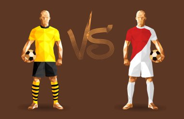 Arkalarındaki düz bir arka plan ile izole duran iki karşıt takım temsil eden vintage futbol topları, holding Borussia vs Monaco futbol oyuncuları ve bir arada onları işaret karşı illüstrasyon vektör 