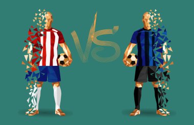 ayakta tutan vintage futbol topları, kırmızı ve mavi futbol oyuncuları temsil eden iki karşıt takım, izole arkalarındaki düz bir arka plan ile ve bir arada onları işaret karşı illüstrasyon vektör 
