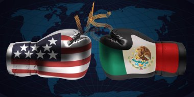 Gerçekçi boks eldivenleri parmak her soyut dünyada karşı karşıya ABD ve Meksika bayrakları ile arka plan, vektör çizim tasarım göster