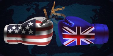 Gerçekçi boks eldivenleri parmak her soyut dünyada karşı karşıya ABD ve İngiltere bayrakları ile arka plan, vektör çizim tasarım göster