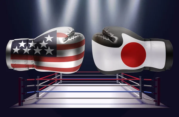 Boxerské Rukavice Potiskem Usa Japonské Vlajky Proti Sobě Kroužku Osvětlena — Stockový vektor