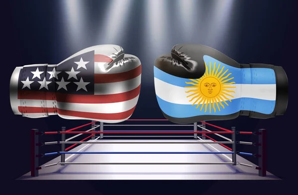 Boxerské Rukavice Potiskem Usa Argentinské Vlajky Proti Sobě Kroužku Osvětlena — Stockový vektor