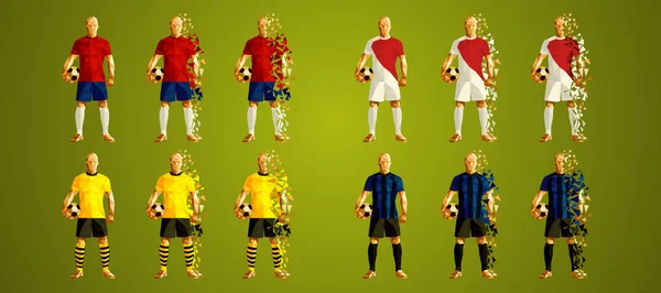 Joueurs Soccer Abstraits Groupe Alignés Portant Des Uniformes Kits Colorés — Image vectorielle