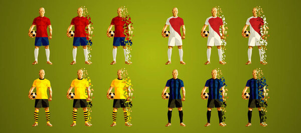 Abstract soccer players Group A line up, wearing colorful uniforms/kits, scattered pieces