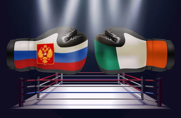拳击手套与爱尔兰和俄国旗子的指纹互相面对在拳击圆环背景 向量例证 — 图库矢量图片