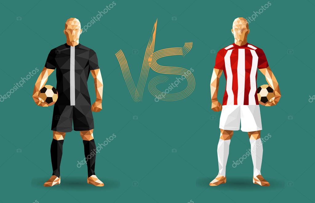 Black and red soccer players holding vintage footballs, representing two opposing teams, standing isolated with a flat background behind them and a versus sign between them, vector illustration