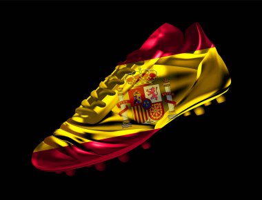 Futbol futbol çizme ile 3d, koyu arka plan üzerinde vektör illüstrasyon izole İspanya bayrağı basılı 3 boyut, baskı, Tasarım