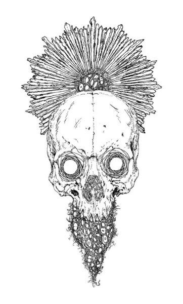 Teschio Umano Fresco Tatuaggio Necromante Dotwork — Vettoriale Stock