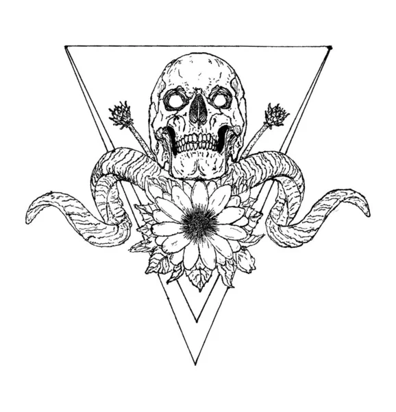 Crâne Surréaliste Avec Fleurs Cornes — Image vectorielle