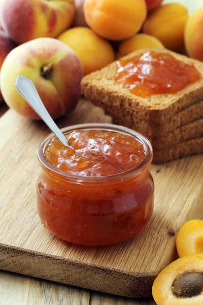 delicious peach jam and toasts, tasty breakfast