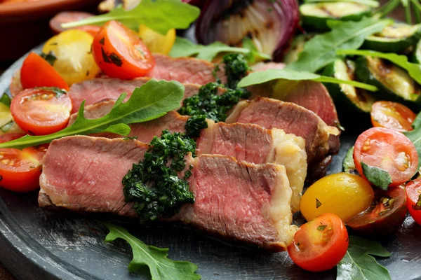 Bbq Beef Steaks Grilled Vegetables Kitchen Table — Stock Photo, Image
