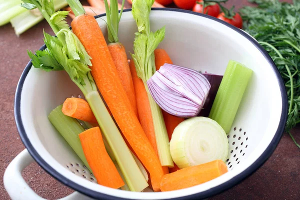 Разнообразные Овощи Морковь Лук Сельдерей Фон — стоковое фото