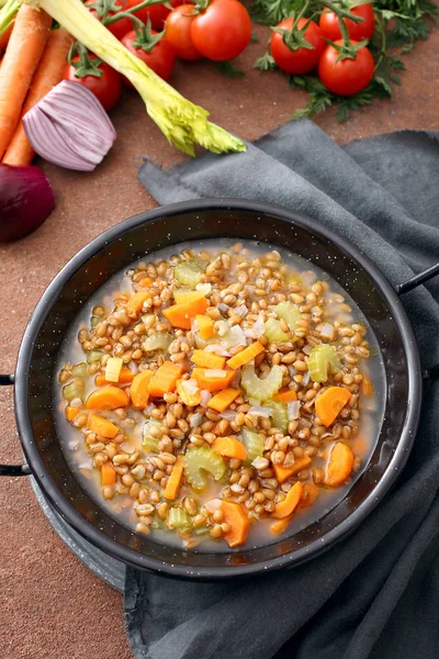 Spelt Soup Farro Soup Italian Cuisine Metal Pan — Stock Photo, Image