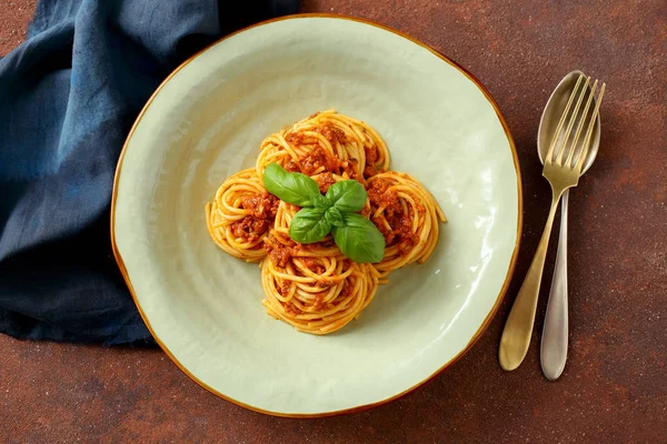 Pasta Plate Green Basil Leaves Top — Stock Photo, Image