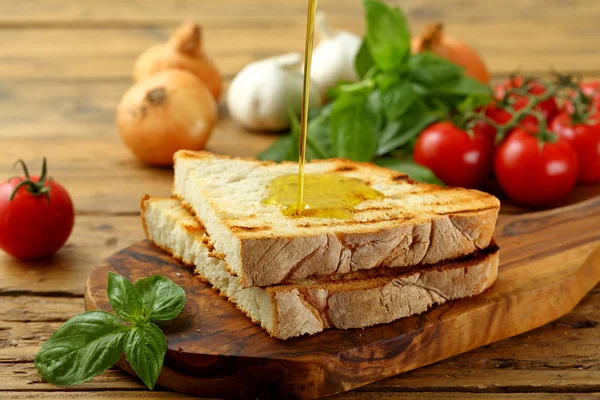 Tasty Sandwich Bread Slices Tomatoes Cheese Wooden Board Table — Stock Photo, Image