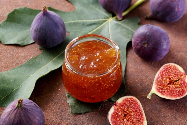 Close View Tasty Jam Fresh Red Figs — Stock Photo, Image