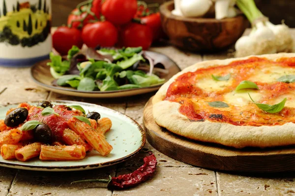 Pizza Mushrooms Tomatoes Basil Wooden Table — Stock Photo, Image