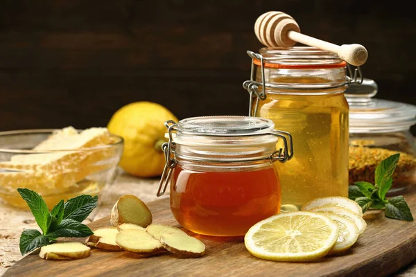 Honey Jar Ginger Lemon Wooden Table — Stock Photo, Image