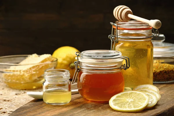 Honey Jar Ginger Lemon Wooden Table — Stock Photo, Image