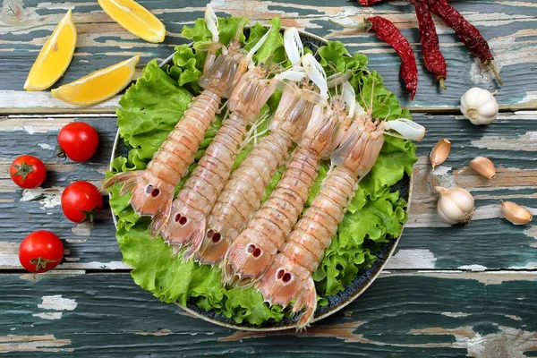 Seafood Raw Mantis Shrimp Sea Cicadas Metal Pan — Stock Photo, Image