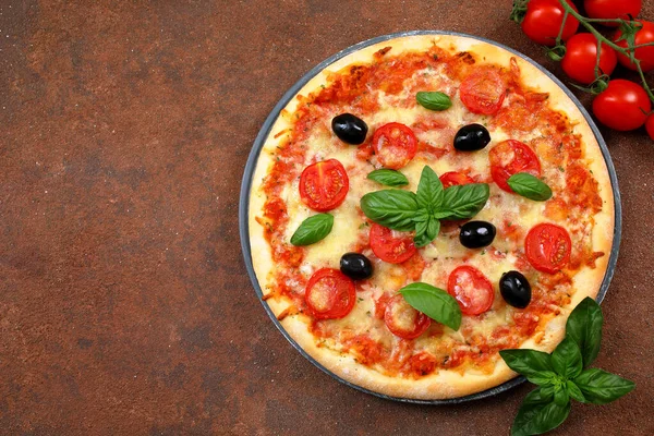 Tasty Pizza Top View Delicious Pizza Ingredients Background — Stock Photo, Image