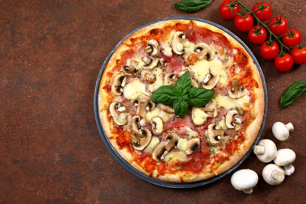 Tasty Pizza Top View Delicious Pizza Ingredients Background — Stock Photo, Image