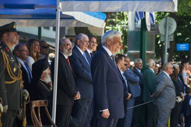 Alexandroupoli, Yunanistan-Mayıs 14, 2018:Greek Başkan Prokopis Pavlopoulos. Selebration Dedeağaç Bağımsızlık günü geçit.  