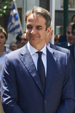 Alexandroupoli, Yunanistan-Mayıs 14, 2018: Yunan lideri yeni Demokrasi Partisi Kyriakos Mitsotakis.Selebration Dedeağaç Bağımsızlık günü yürüyüşü.  