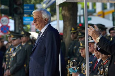Alexandroupoli, Yunanistan-Mayıs 14, 2018:Greek Başkan Prokopis Pavlopoulos. Selebration Dedeağaç Bağımsızlık günü geçit.  