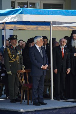 Alexandroupoli, Yunanistan-Mayıs 14, 2018:Greek Başkan Prokopis Pavlopoulos. Selebration Dedeağaç Bağımsızlık günü geçit.  