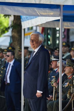 Alexandroupoli, Yunanistan-Mayıs 14, 2018:Greek Başkan Prokopis Pavlopoulos. Selebration Dedeağaç Bağımsızlık günü geçit.  