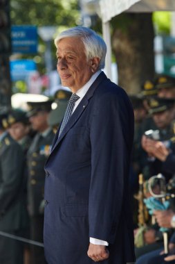 Alexandroupoli, Yunanistan-Mayıs 14, 2018:Greek Başkan Prokopis Pavlopoulos. Selebration Dedeağaç Bağımsızlık günü geçit.  