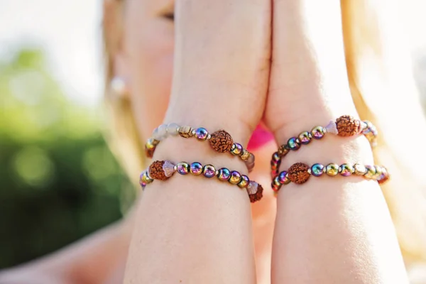 Female Hands Namaste Mudra Yoga Bracelets — Stock Photo, Image