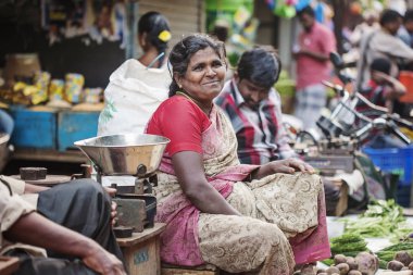 Udaipur Şehir Rajasthan, Hindistan, Ocak 2018: Hint sebze açık semt pazarı kadın satıcı