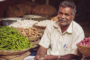 Udaipur, Rajasthan, Hindistan, 31 Ocak 2018: Sebze sellet genel city Market