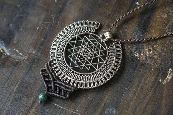 Sacred geometry metal pendant necklace with chrysokol stone bead
