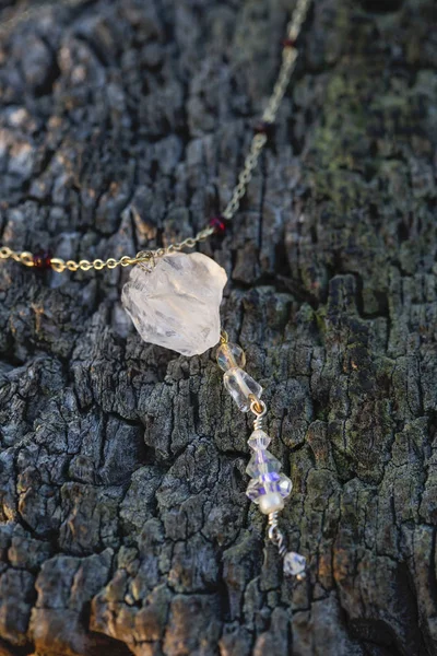 Antique Chain Natural Crystal Quartz Pendant Necklace Wooden Background — Stock Photo, Image