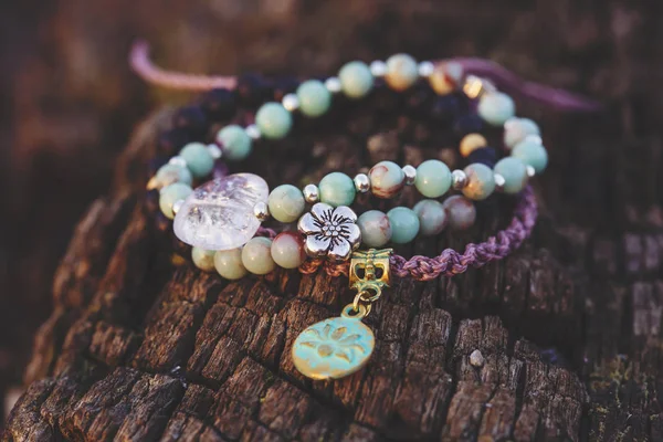 Three Bracelets Gemstone Beads Wooden Background — Stock Photo, Image